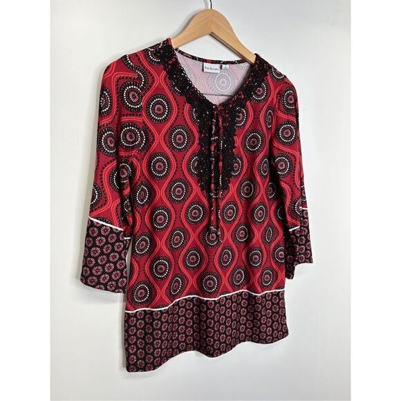 Kim Rogers Tunic Blouse Womens Red/Black Floral Pattern Small - Picture 3 of 9